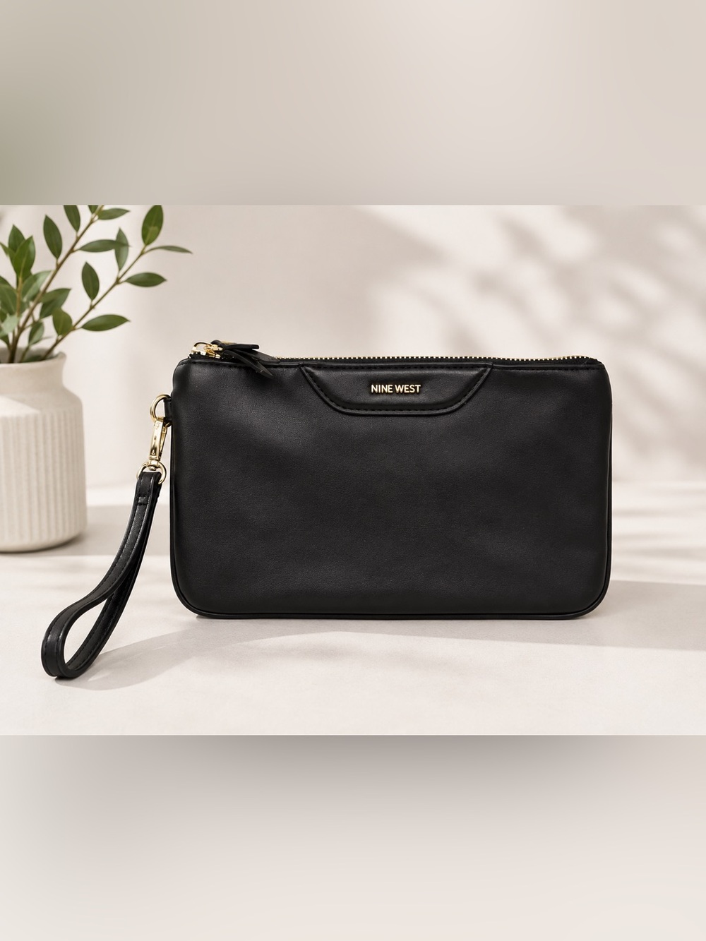 Nine West Black Leather Wristlet with Gold Hardware